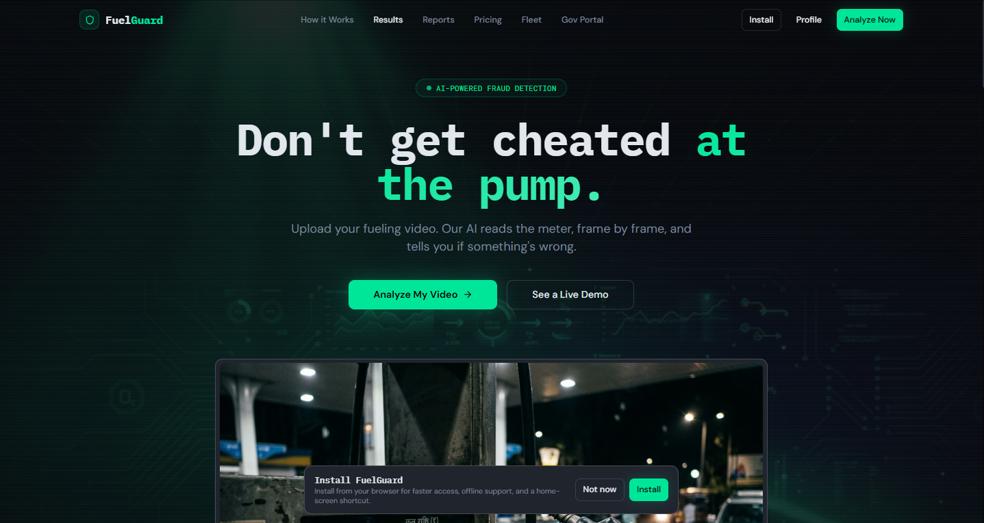 FuelGuard landing page with the “Don’t get cheated at the pump” hero