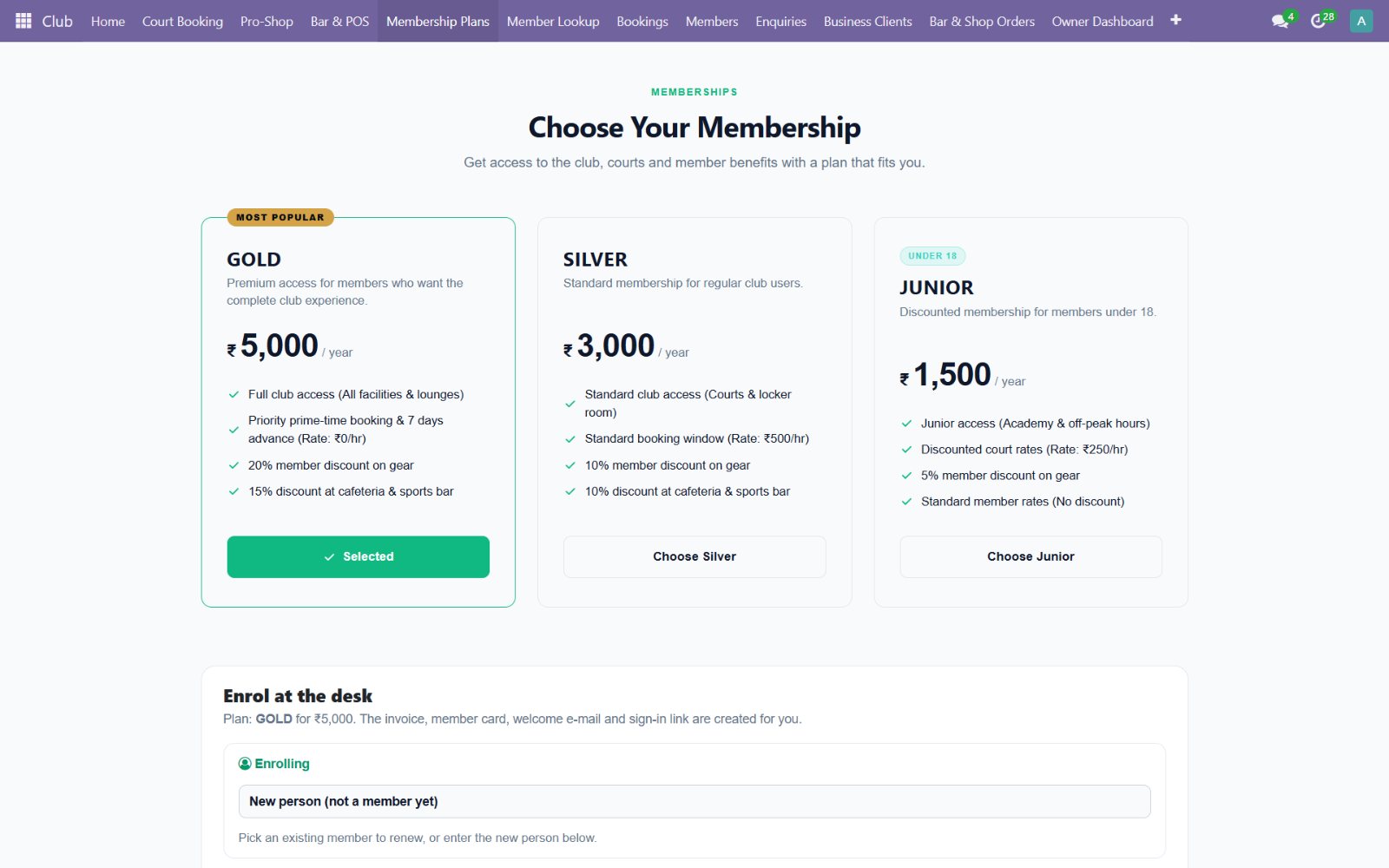 Champions Club membership plans: Gold, Silver and Junior