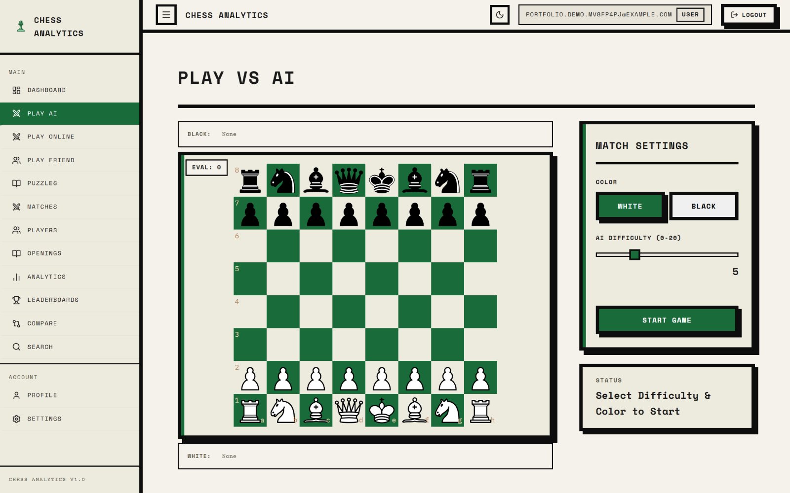 Chess Insight play against the engine, with match settings and difficulty