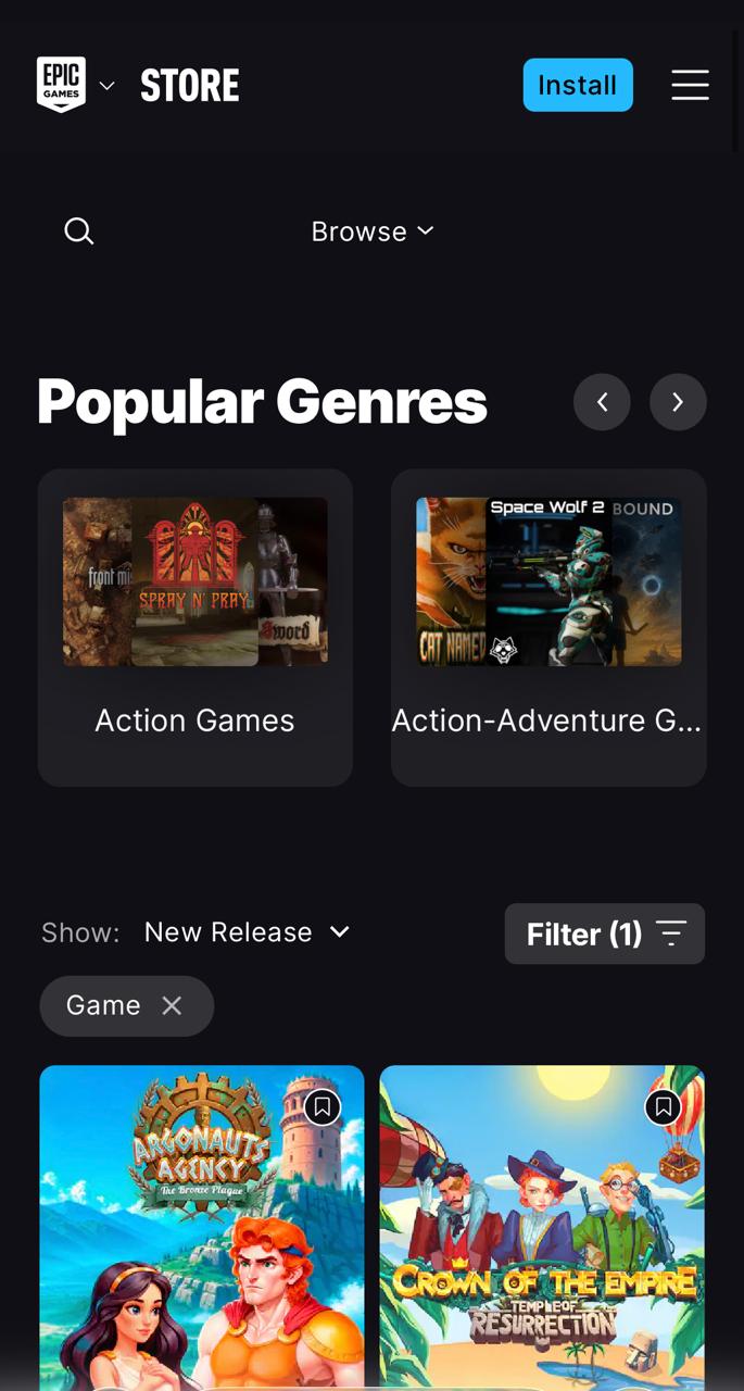 Epic Games Store clone promotional screen on mobile