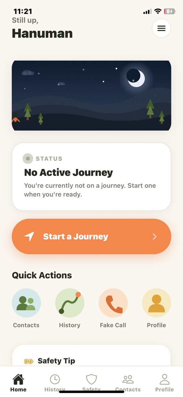 Homecoming home screen with journey status and quick actions
