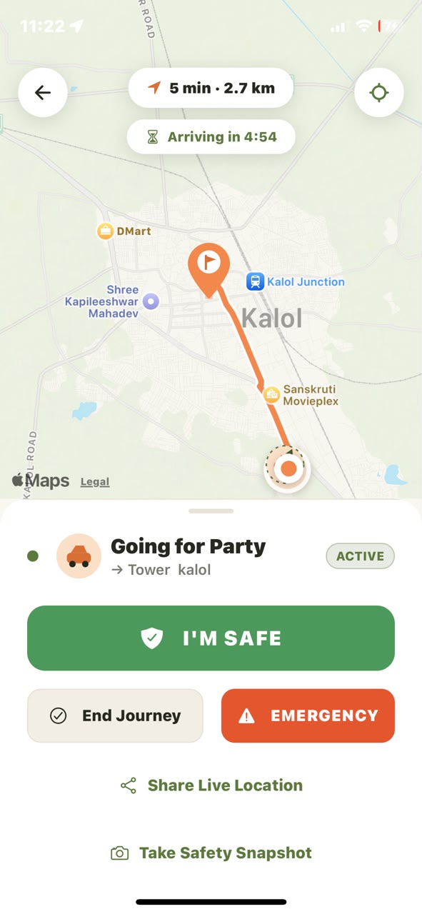 Homecoming active journey: the route on a map with an I’m safe check-in button