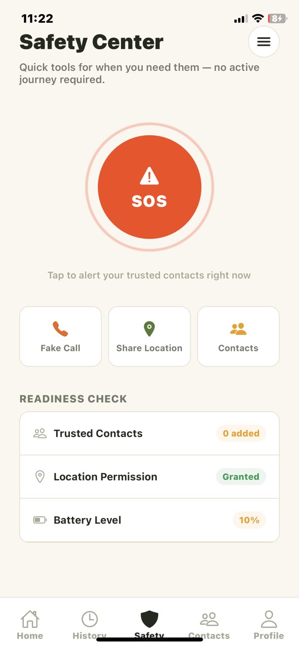 Homecoming Safety Center with the SOS button and a readiness check