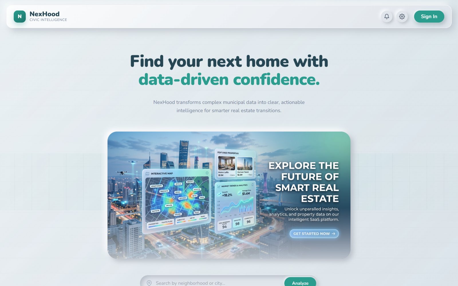 NexHood public landing page with the neighbourhood search