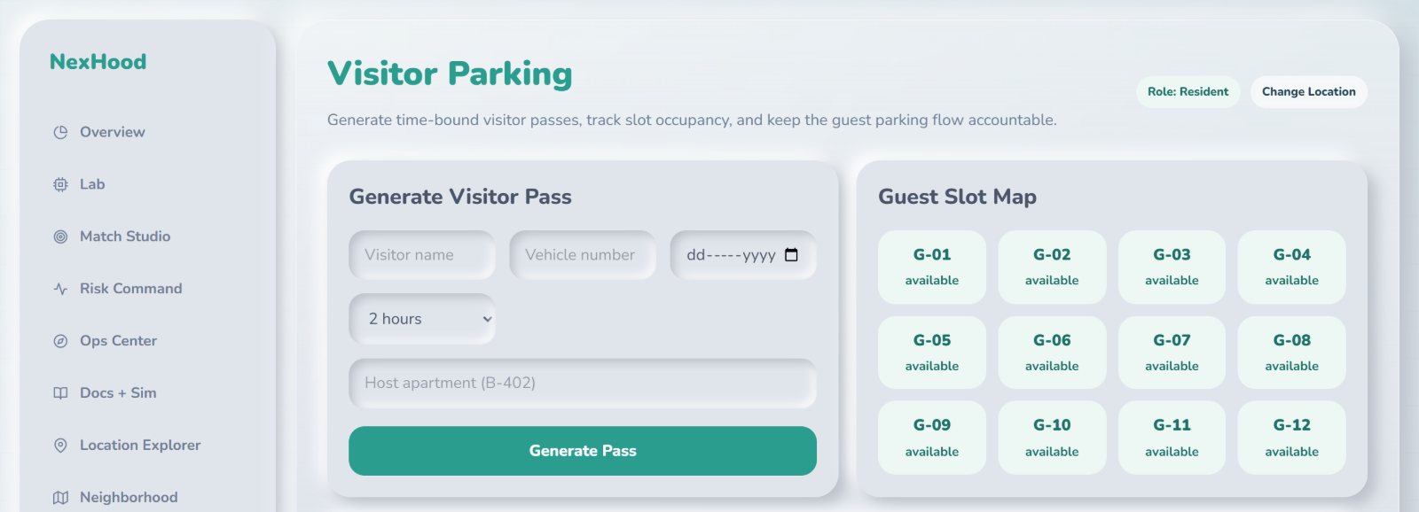 NexHood visitor parking: generate a visitor pass and see the guest slot map
